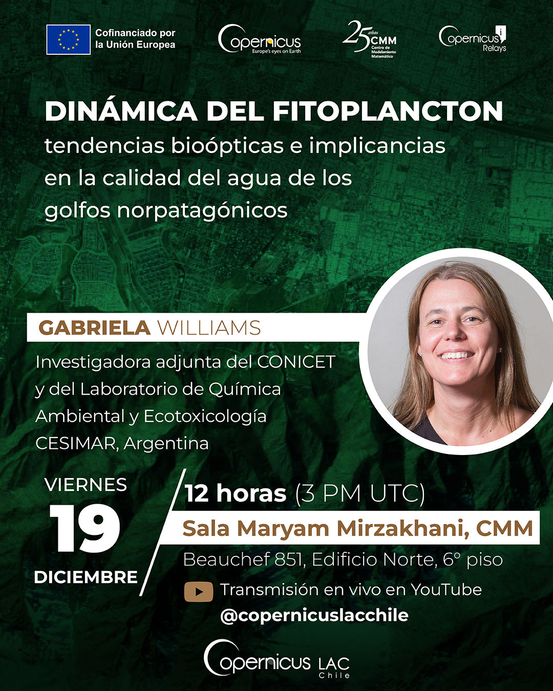 Afiche Seminarios Copernicus 19 de diciembre: Dinámica del fitoplancton, tendencias bioópticas e implicancias en la calidad del agua de los golfos norpatagónicos